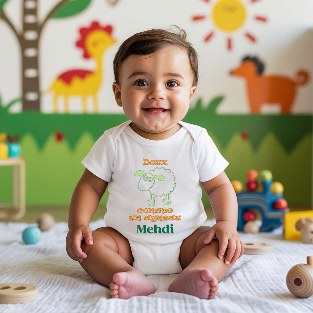 Body bébé personnalisé en coton mouton et message inspirant porté par bébé - MARJANE et Cie