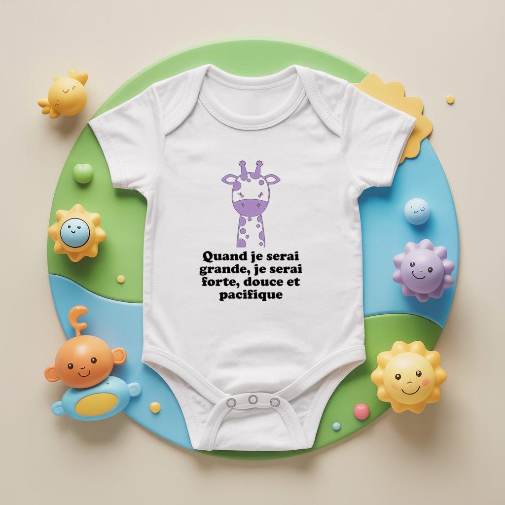 Body bébé personnalisé avec girafe douce et message valeurs en coton par flocage - MARJANE et Cie