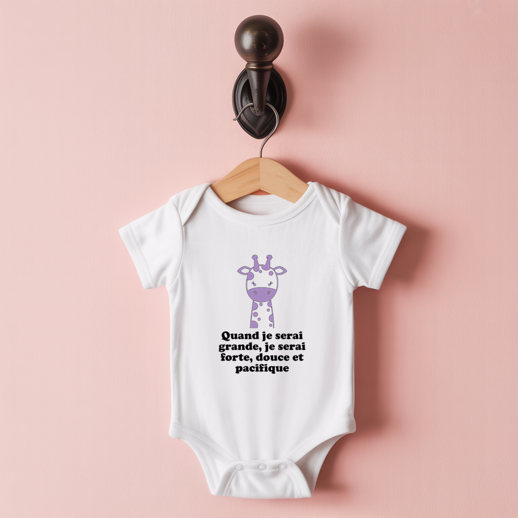 Body bébé personnalisable blanc avec girafe douce et message valeurs suspendu - MARJANE et Cie