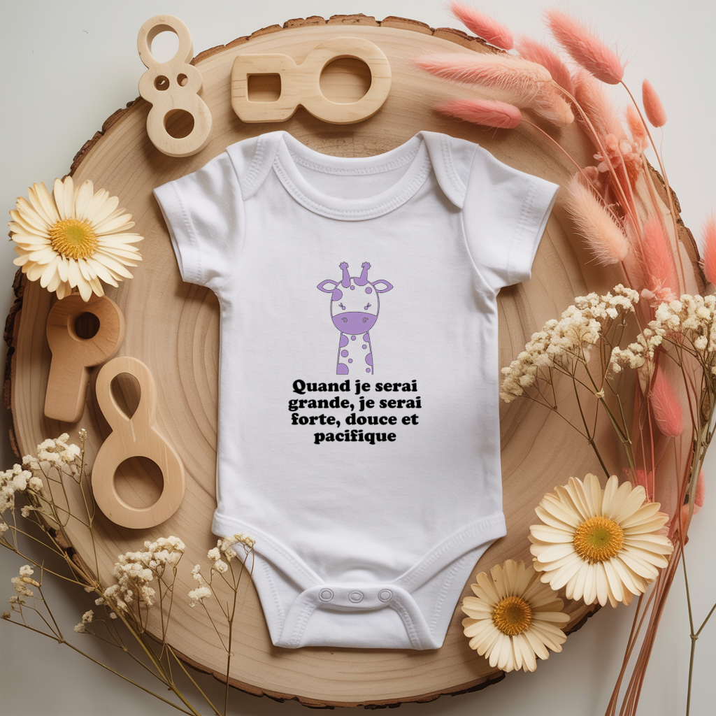 Body bébé personnalisé avec illustration d’une girafe douce et message valeurs flocage couleur, cadeau naissance - MARJANE et Cie