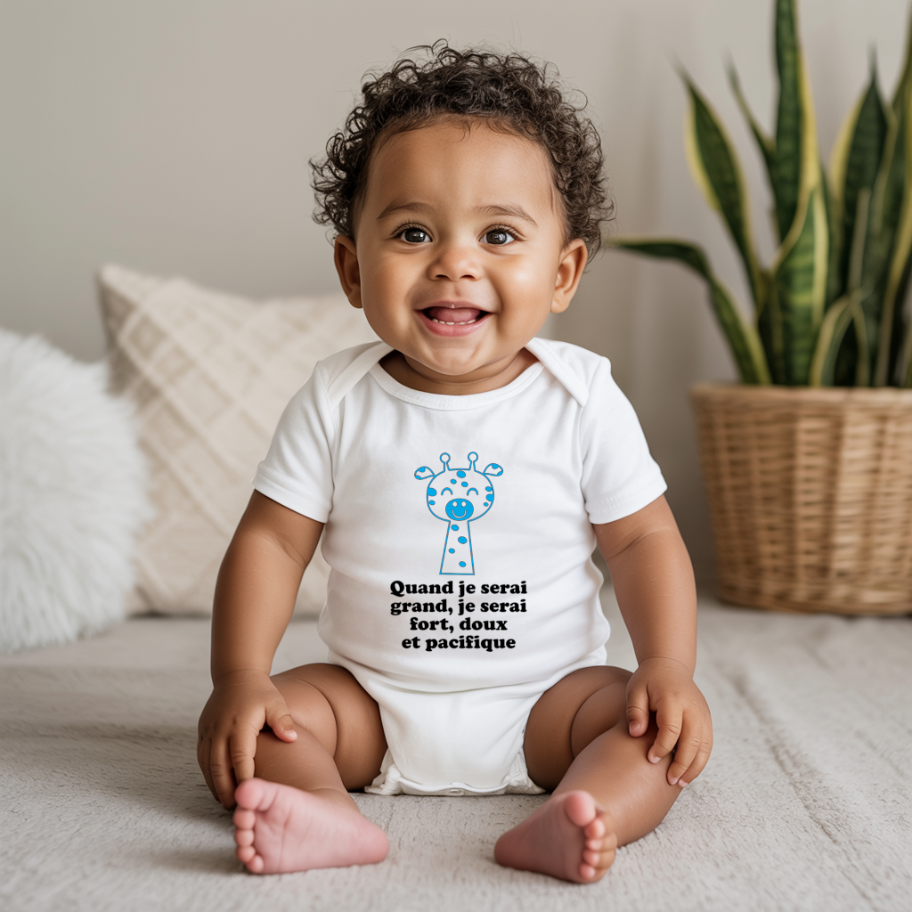 Body bébé personnalisé en coton girafe tendre et message valeurs porté par bébé - MARJANE et Cie