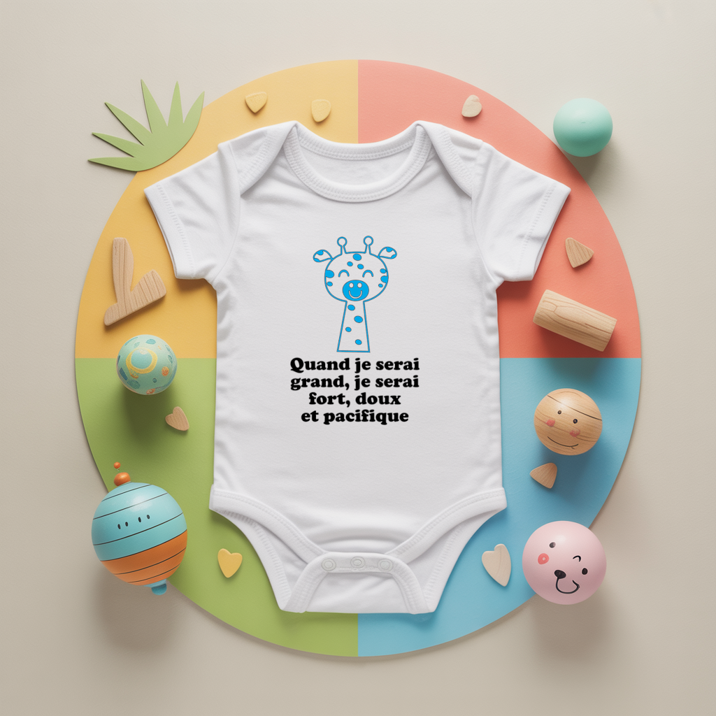 Body bébé personnalisé avec girafe tendre et message valeurs en coton par flocage - MARJANE et Cie