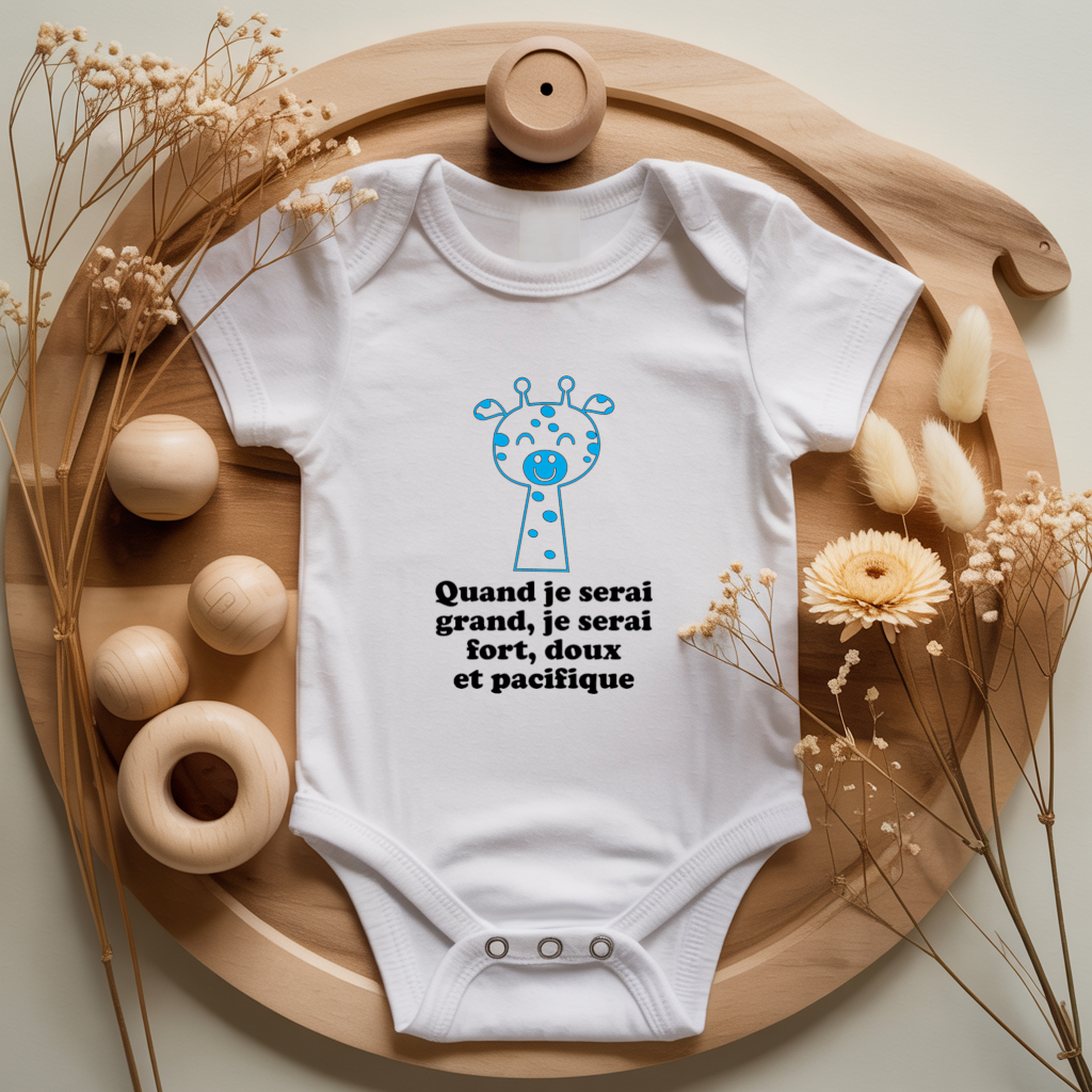 Body bébé personnalisé avec illustration d’une girafe tendre et message valeurs flocage couleur, cadeau naissance - MARJANE et Cie