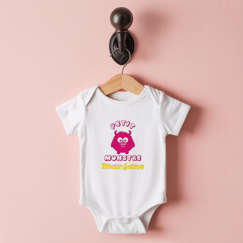 Body bébé personnalisable blanc avec petit monstre et prénom suspendu - MARJANE et Cie