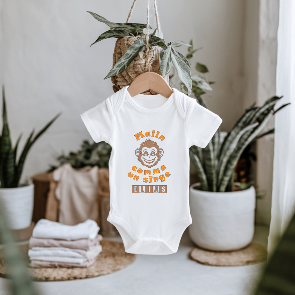 Body bébé personnalisable blanc avec singe et message suspendu - MARJANE et Cie