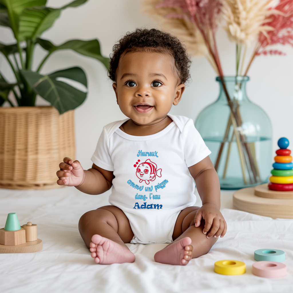 Body bébé personnalisé en coton poisson et message inspirant porté par bébé - MARJANE et Cie