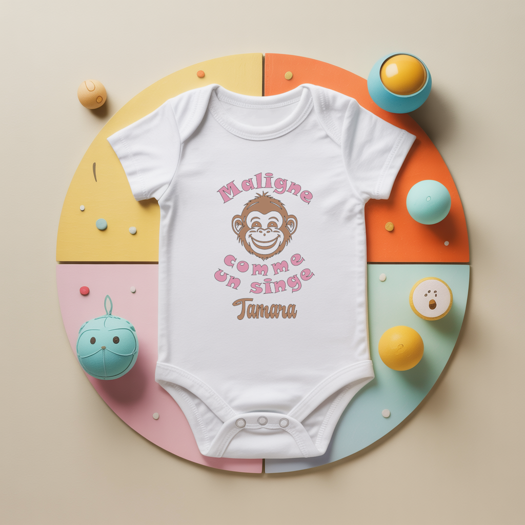 Body bébé personnalisé avec singe et message en coton par flocage, cadeau naissance - MARJANE et Cie