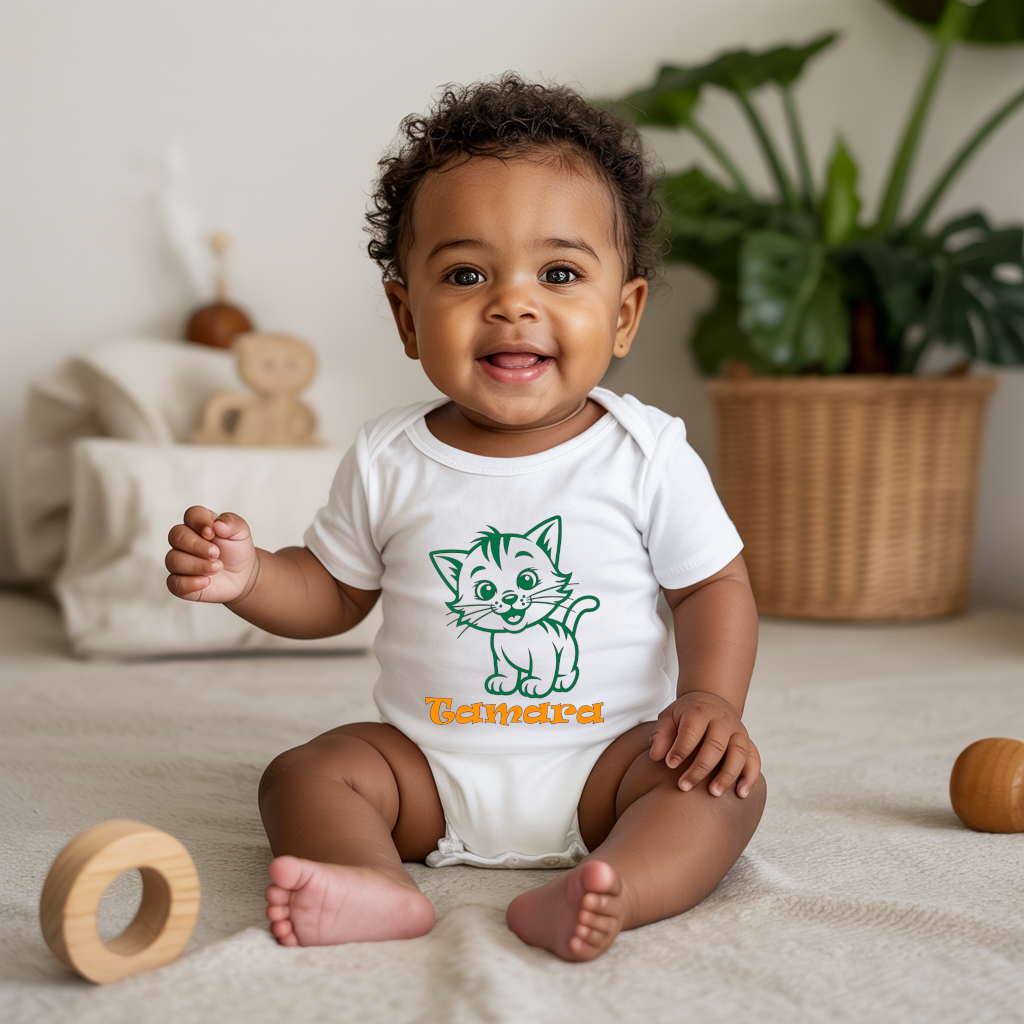 Body bébé personnalisé en coton chaton porté par bébé - MARJANE et Cie