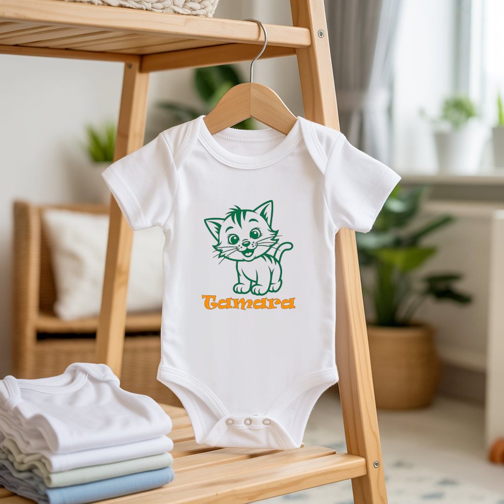 Body bébé personnalisable avec prénom et chaton sur cintre - MARJANE et CieBody bébé personnalisable avec prénom et chaton sur cintre - MARJANE et Cie