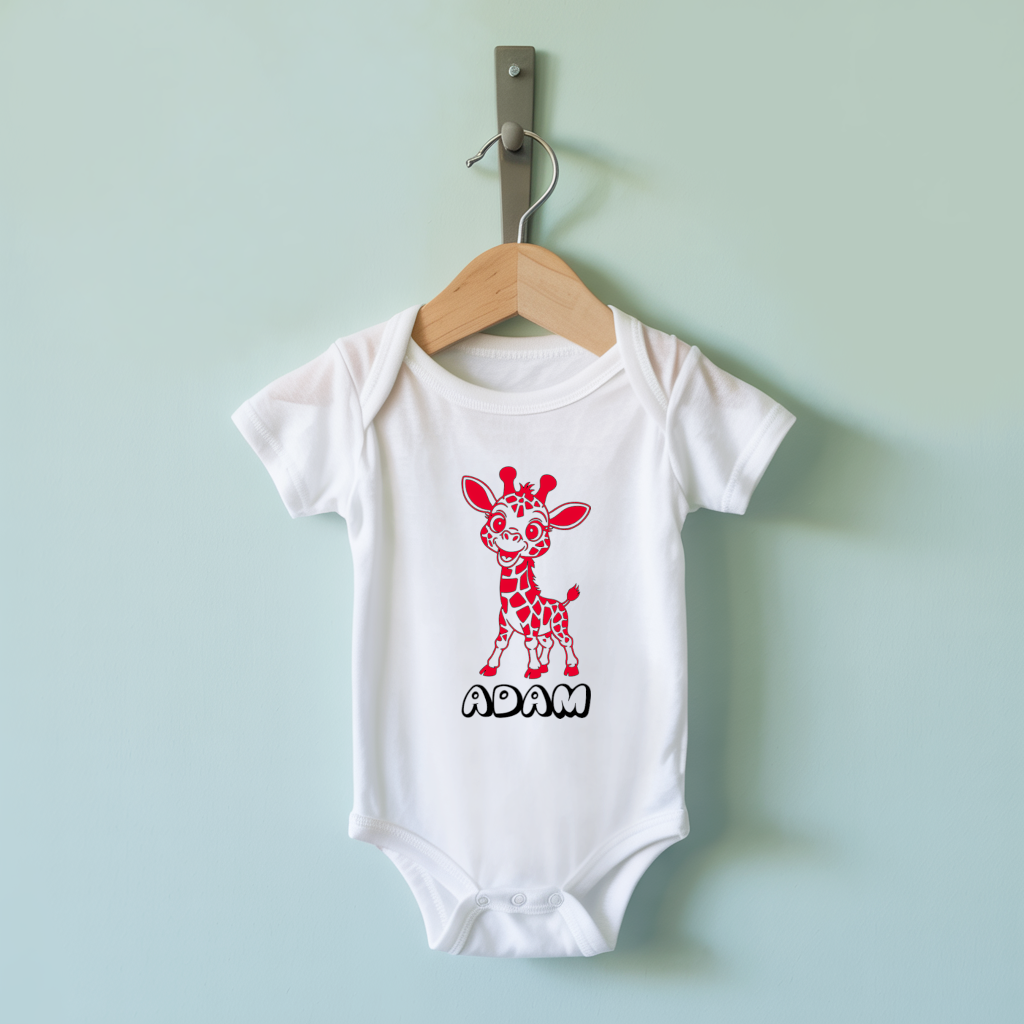 Body bébé personnalisable blanc avec prénom et girafe rieuse suspendu - MARJANE et Cie