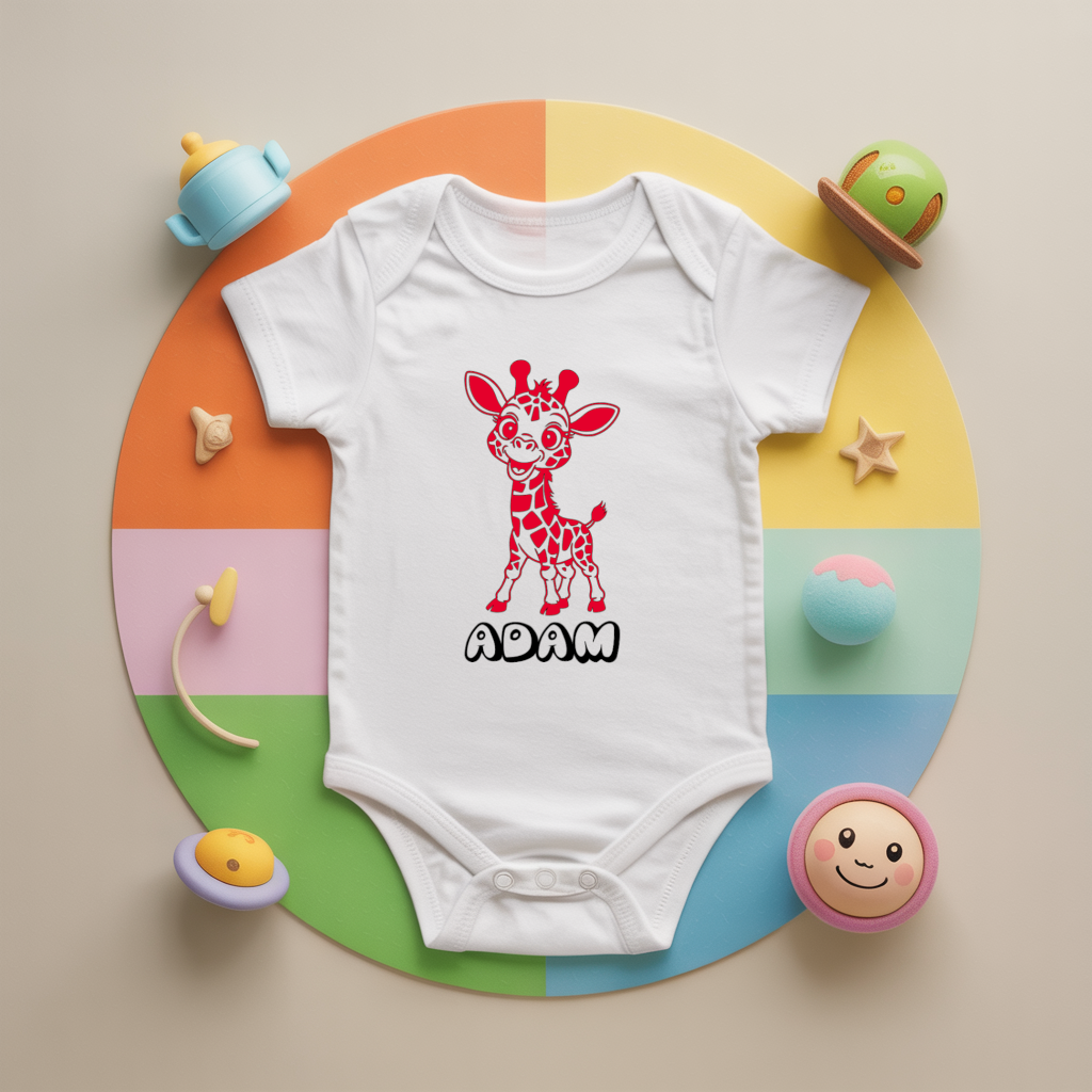 Body bébé personnalisé avec girafe rieuse en coton par flocage - MARJANE et Cie