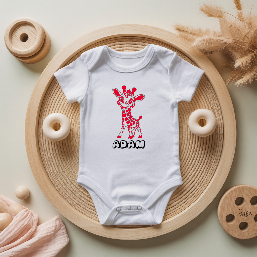 Body bébé personnalisé avec illustration d’une girafe rieuse flocage couleur, cadeau naissance - MARJANE et Cie