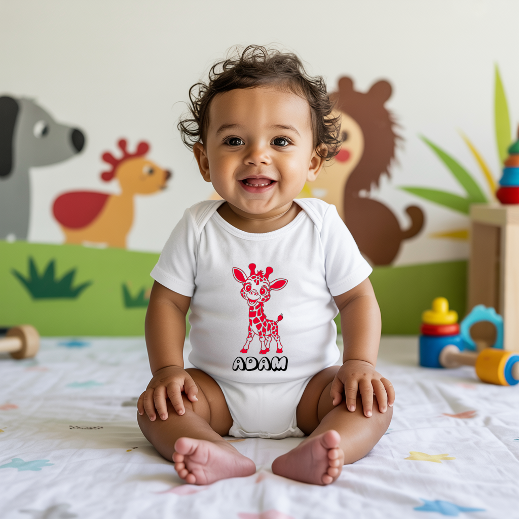 Body bébé personnalisé en coton girafe rieuse porté par bébé - MARJANE et Cie