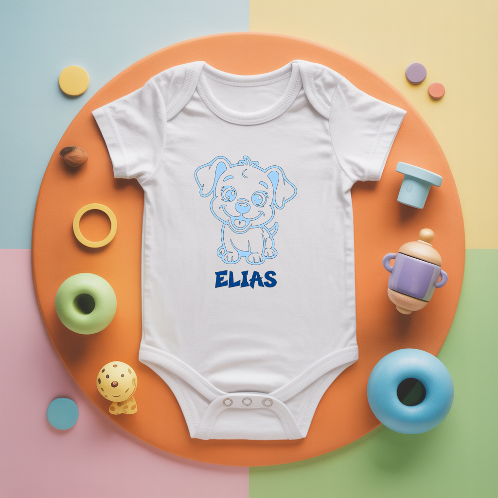 Body bébé personnalisé avec chiot joyeux en coton par flocage - MARJANE et Cie
