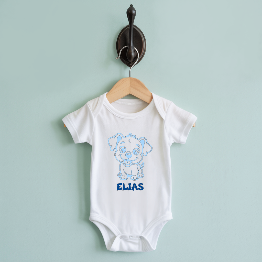 Body bébé personnalisable blanc avec prénom et chiot joyeux suspendu - MARJANE et Cie