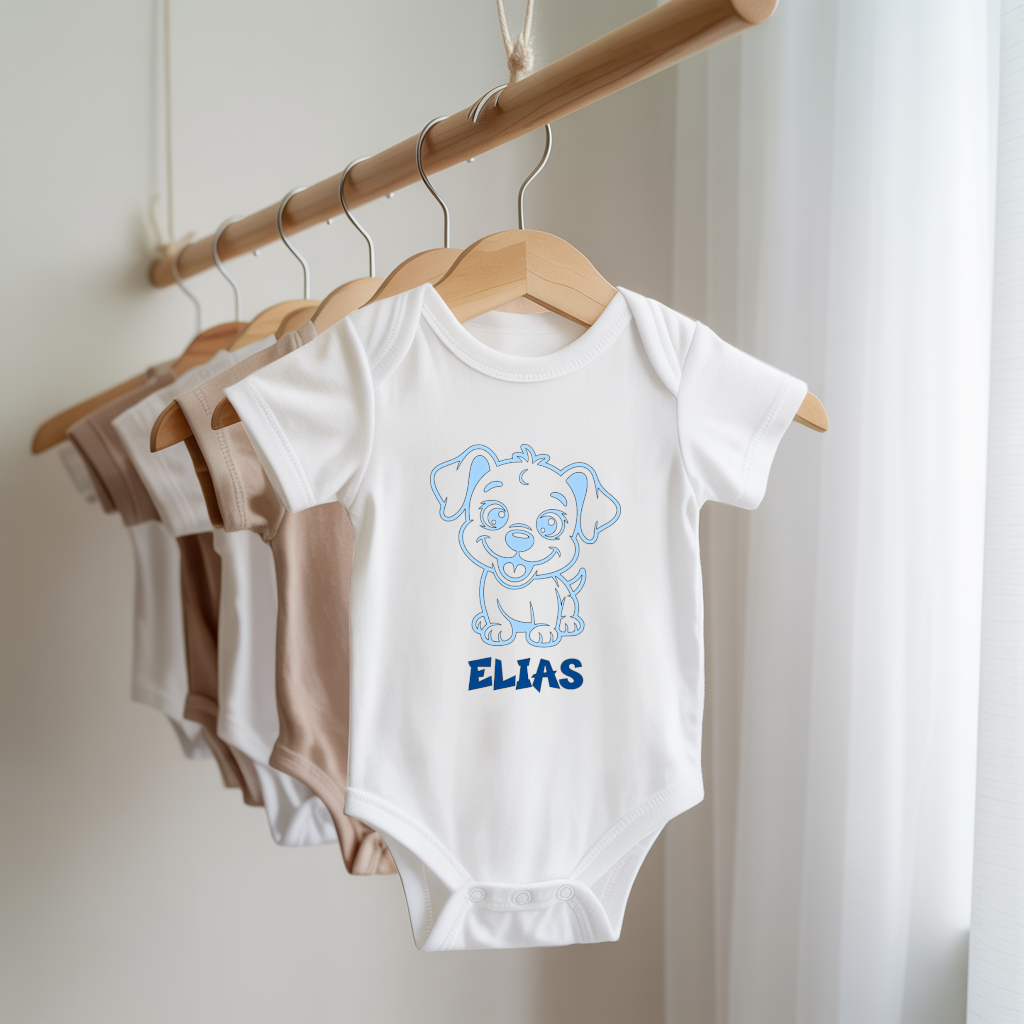 Body bébé personnalisable avec prénom et chiot joyeux flocage sur cintre - MARJANE et Cie