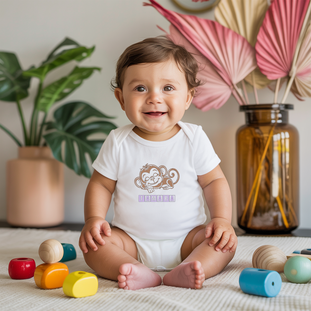 Body bébé personnalisé en coton singe endormi porté par bébé - MARJANE et Cie