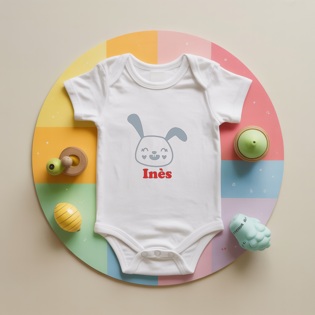 Body bébé personnalisé avec lapin des prés joyeux en coton par flocage - MARJANE et Cie