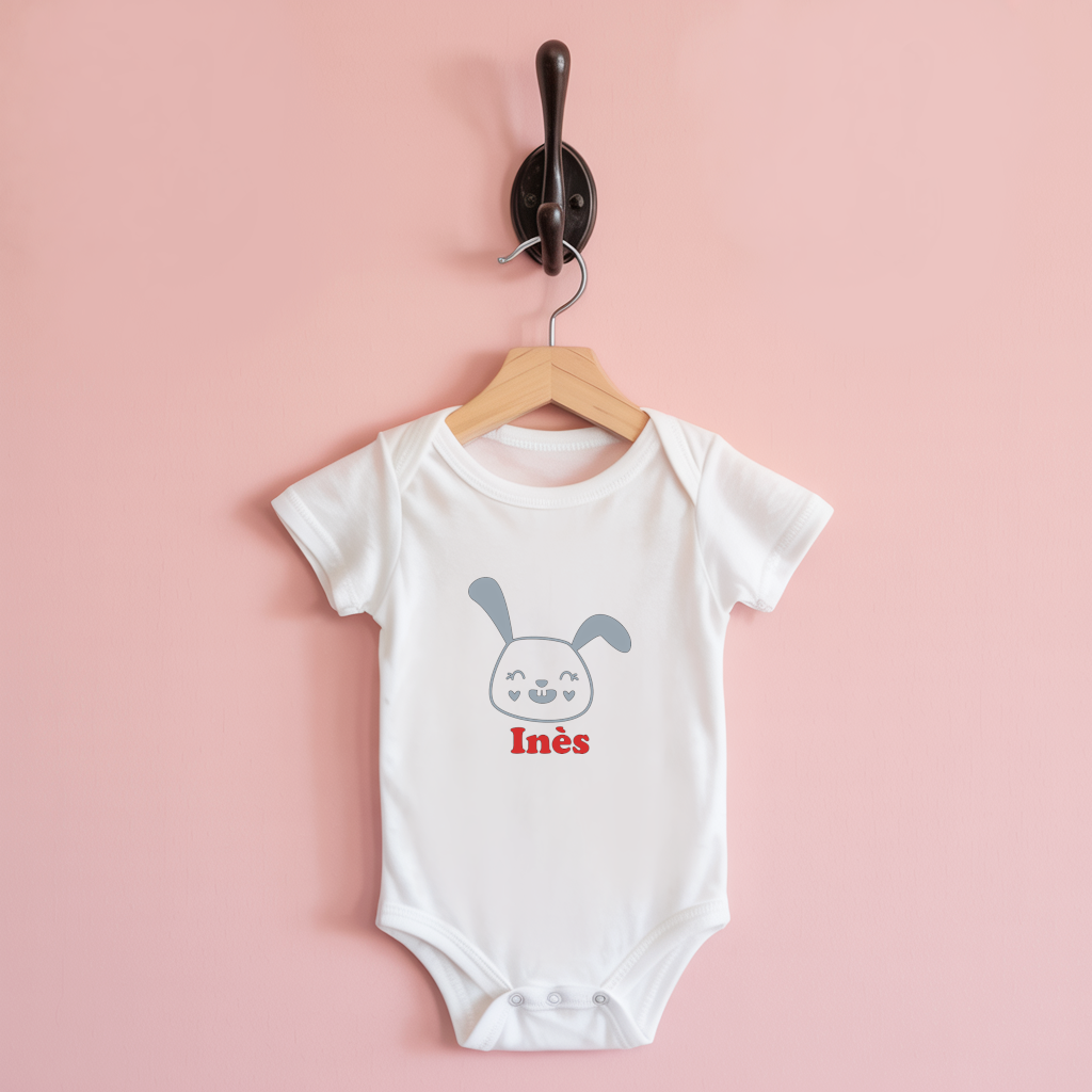 Body bébé personnalisable blanc avec prénom et lapin des prés joyeux suspendu - MARJANE et Cie