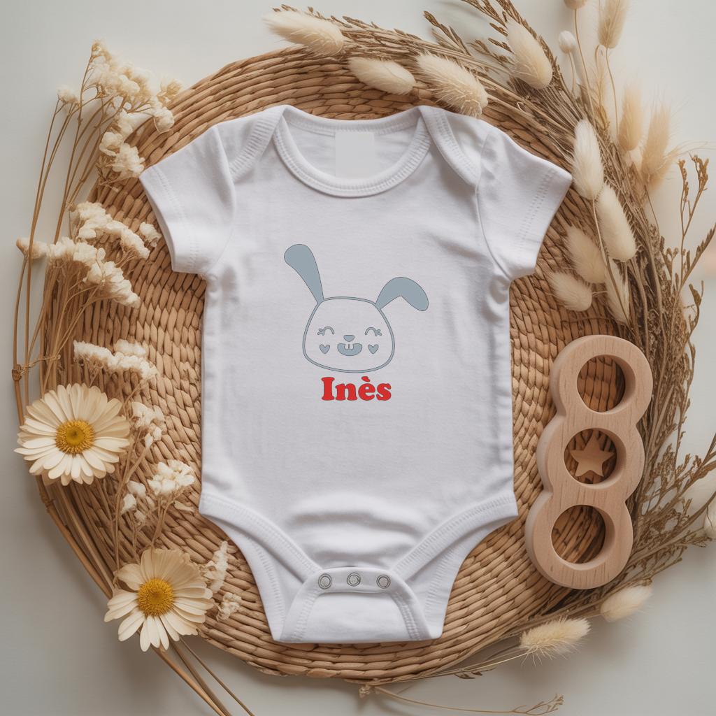 Body bébé personnalisé avec illustration d’un lapin des prés joyeux flocage couleur, cadeau naissance - MARJANE et Cie
