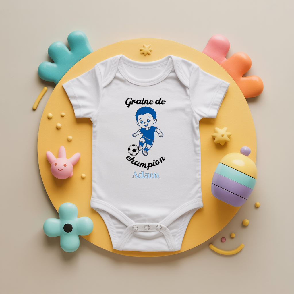 Body bébé personnalisé avec garçon jouant au football en coton par flocage, cadeau naissance - MARJANE et Cie