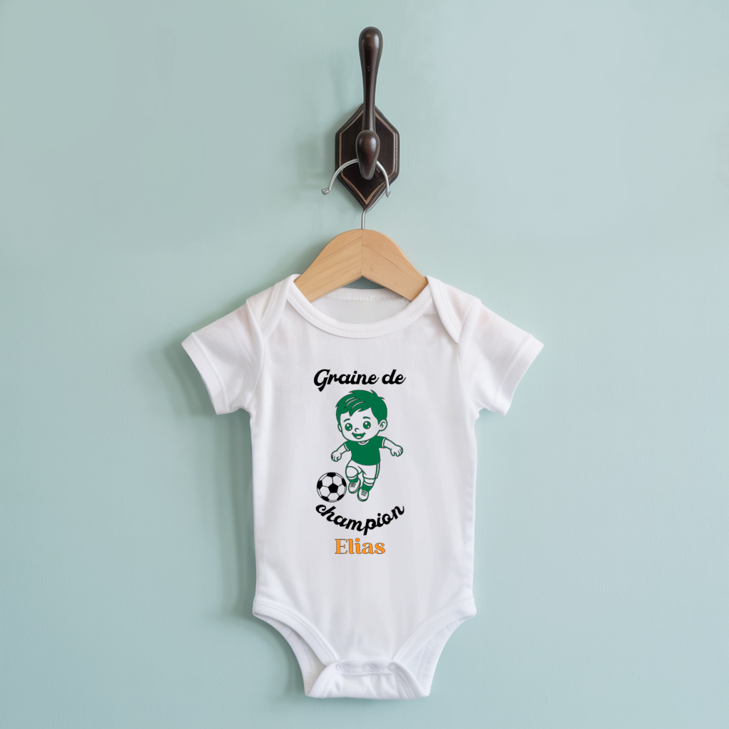 Body bébé personnalisable avec garçon jouant au football sur cintre, cadeau naissance - MARJANE et Cie