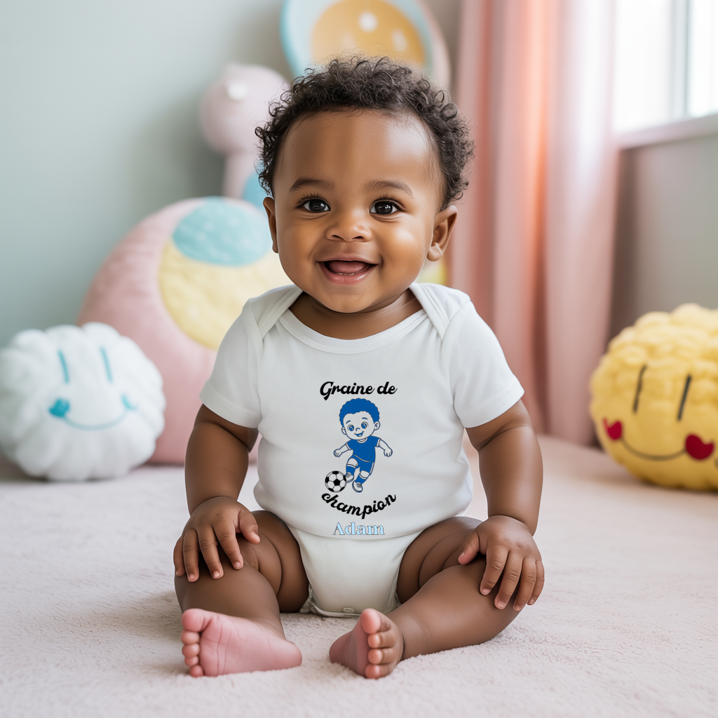 Body bébé personnalisé en coton garçon jouant au football porté par bébé - MARJANE et Cie