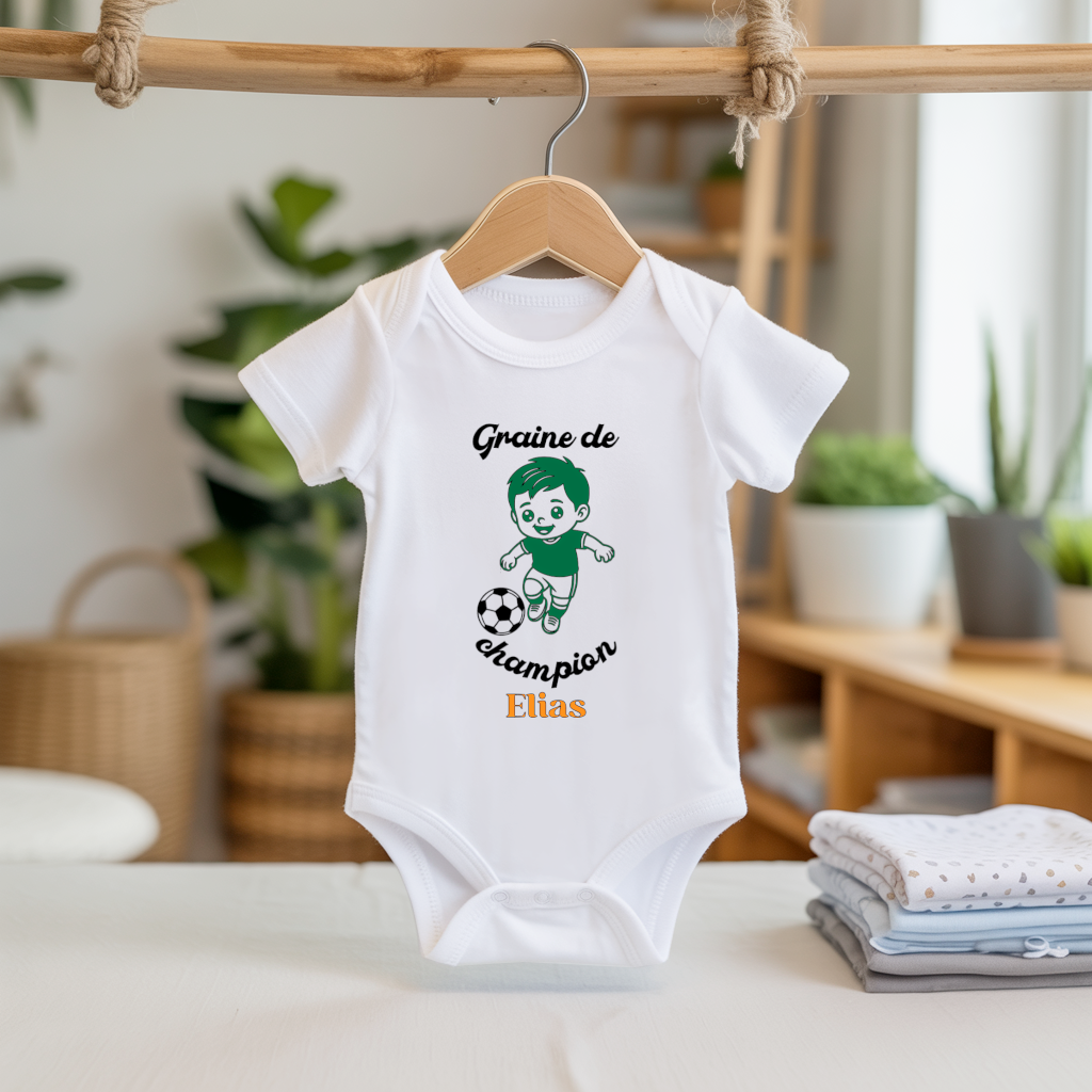 Body bébé personnalisable blanc avec garçon jouant au football suspendu - MARJANE et Cie