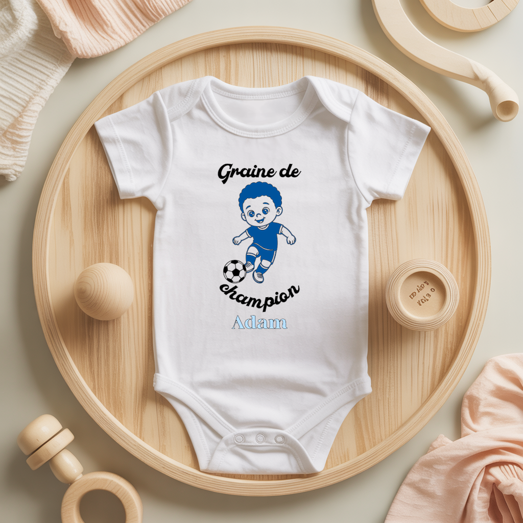 Body bébé personnalisé avec illustration de garçon jouant au foot flocage couleur - MARJANE et Cie