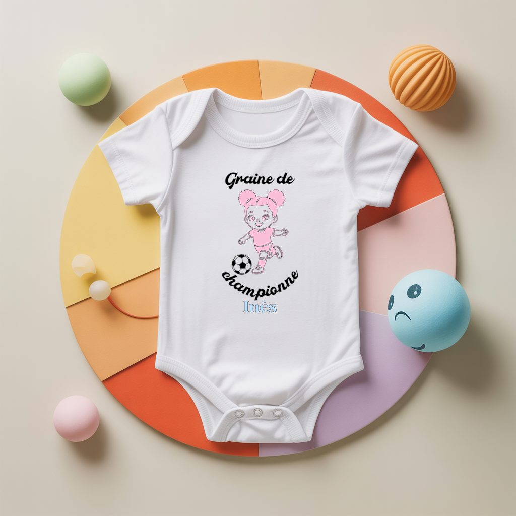 Body bébé personnalisé avec fille jouant au football en coton par flocage, cadeau naissance - MARJANE et Cie