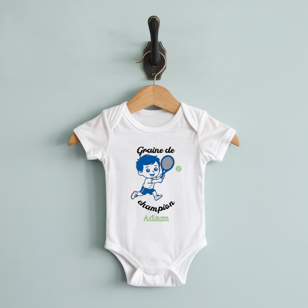 Body bébé personnalisable avec garçon jouant au tennis sur cintre, cadeau naissance - MARJANE et Cie
