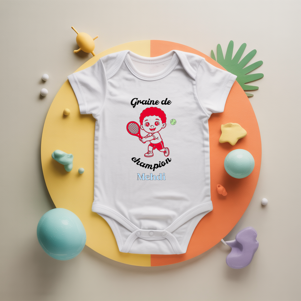 Body bébé personnalisé avec garçon jouant au tennis en coton par flocage, cadeau naissance - MARJANE et Cie