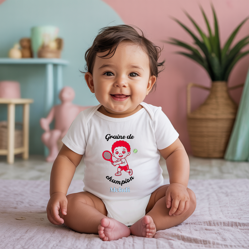 Body bébé personnalisé en coton garçon jouant au tennis porté par bébé - MARJANE et Cie