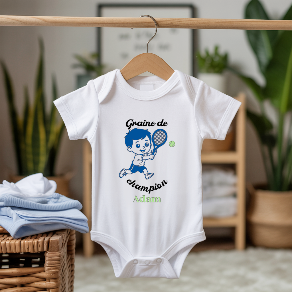 Body bébé personnalisable blanc avec garçon jouant au tennis suspendu - MARJANE et Cie