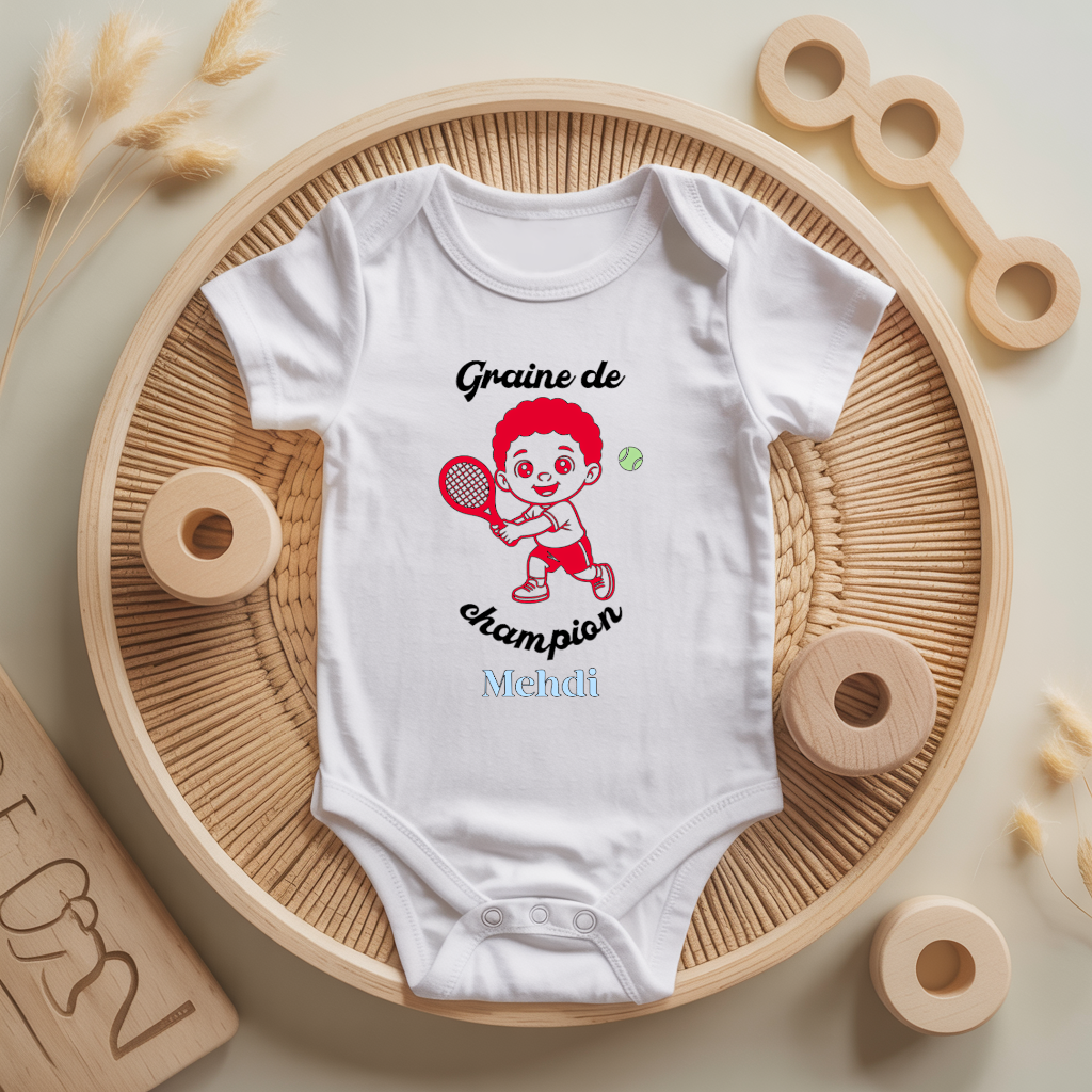 Body bébé personnalisé avec illustration de garçon jouant au tennis flocage couleur - MARJANE et Cie