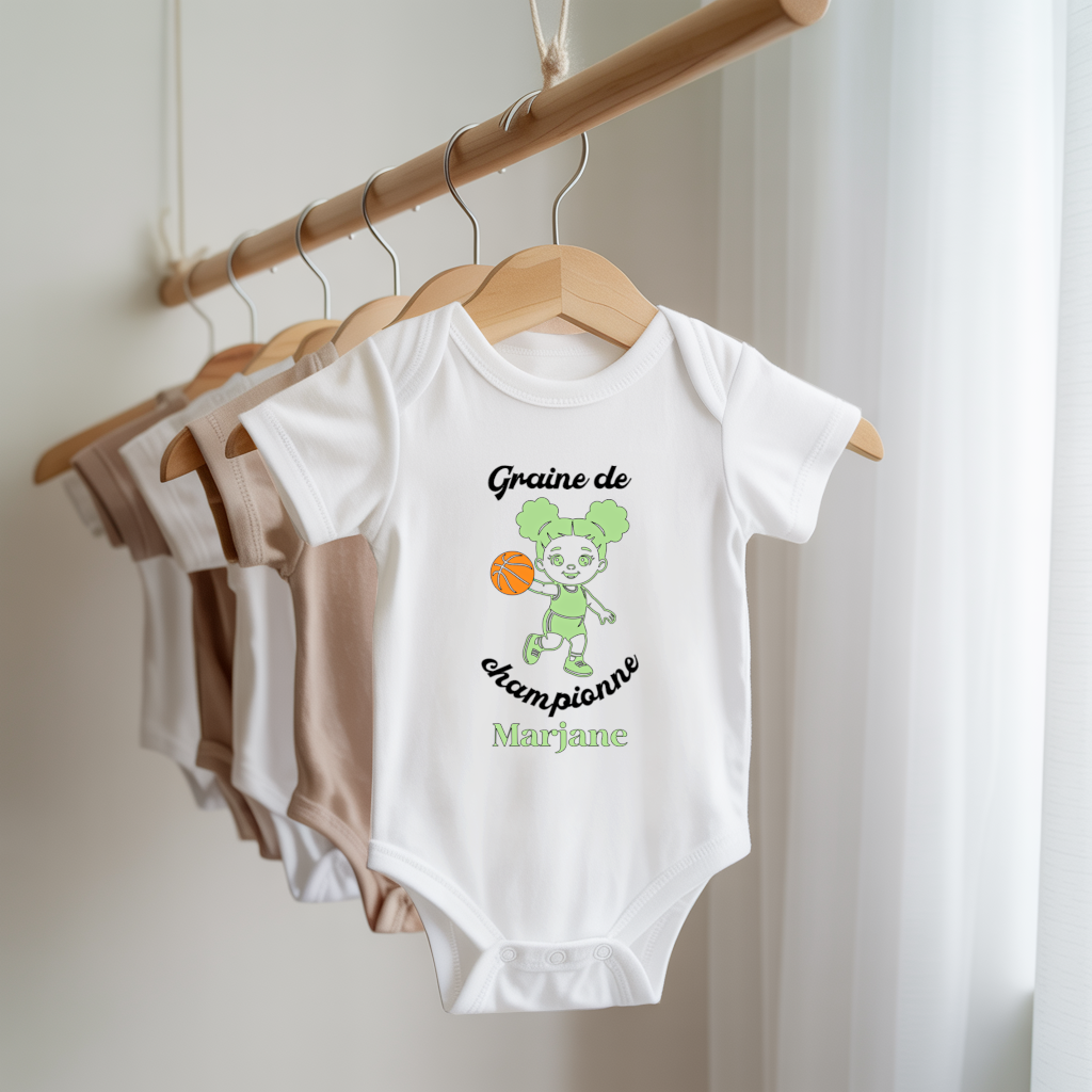 Body bébé personnalisable blanc avec fille jouant au basket suspendu - MARJANE et Cie