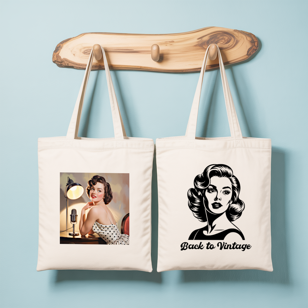 Tote bag femme vintage avec illustration rétro élégante et message Back to Vintage en noir et blanc - MARJANE et Cie