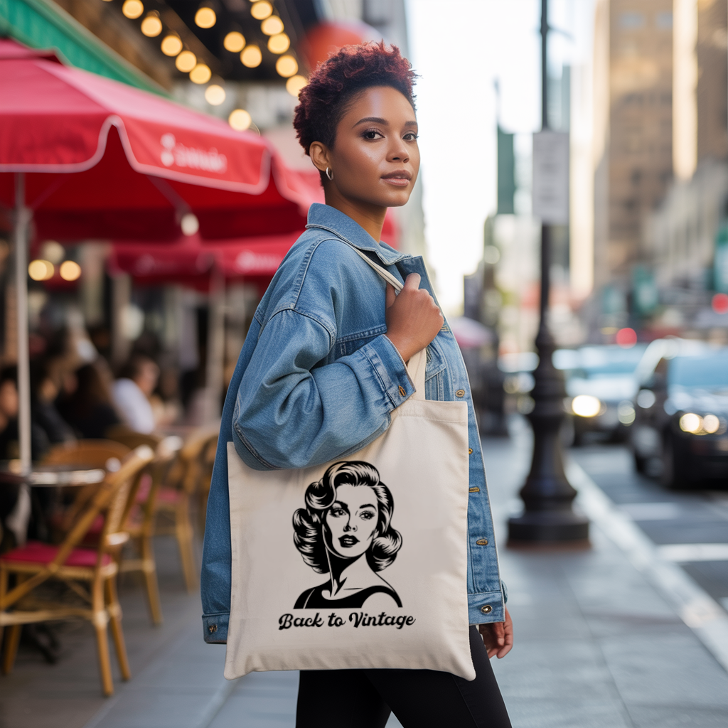 Tote bag femme vintage porté, message Back to Vintage visible - MARJANE et Cie