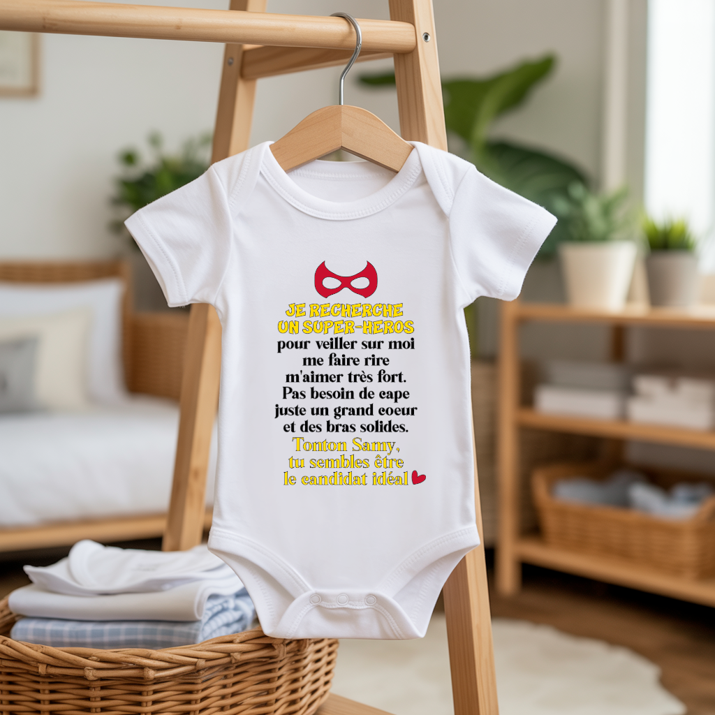 Body bébé personnalisable avec demande parrain sur cintre - MARJANE et Cie