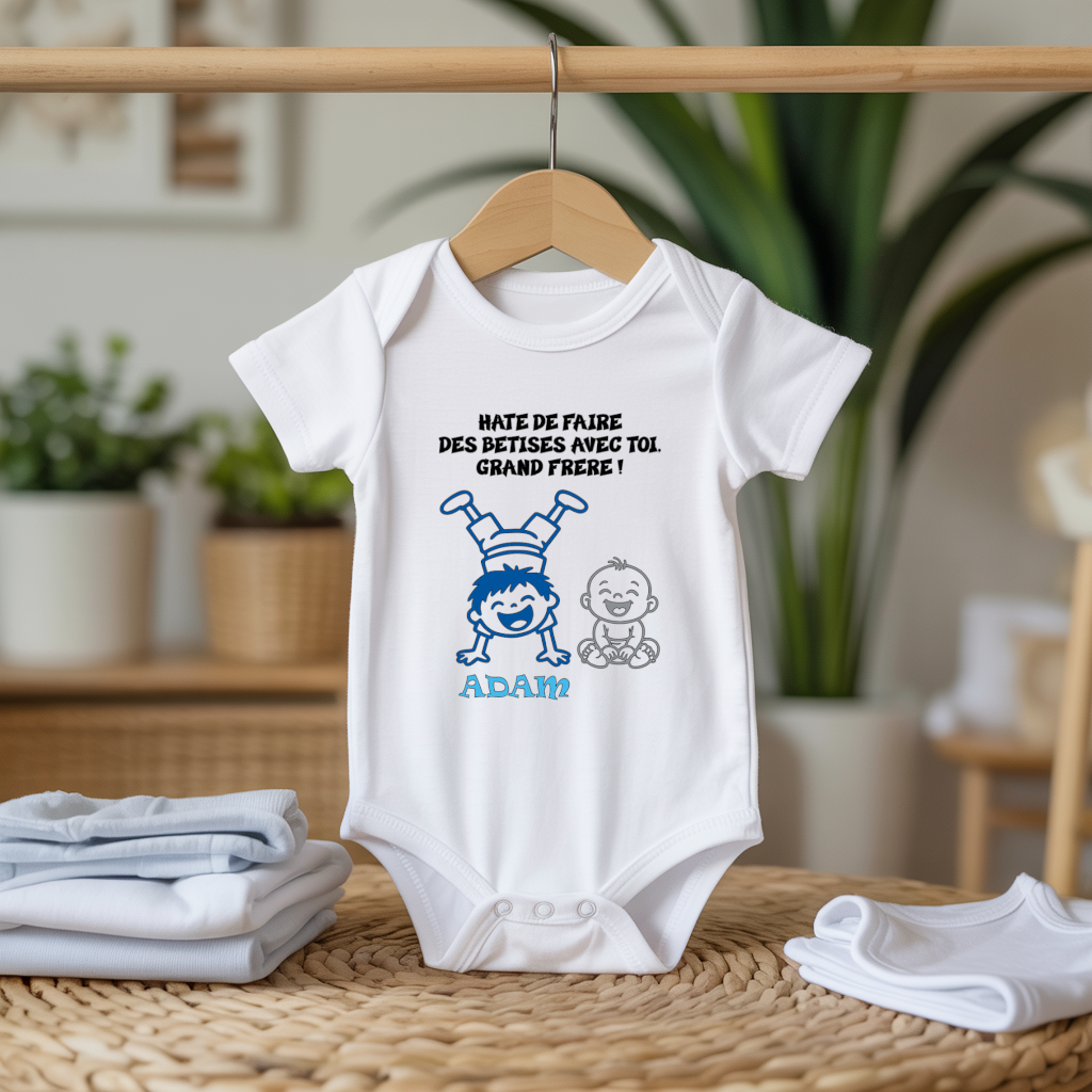 Body bébé personnalisable avec annonce grossesse à grand frère sur cintre - MARJANE et Cie