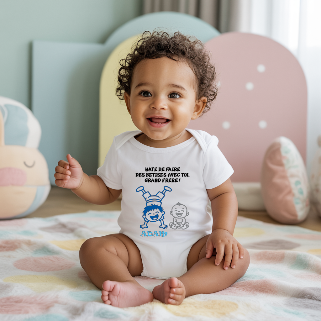 Body bébé personnalisé en coton annonce grossesse à grand frère porté par bébé - MARJANE et Cie