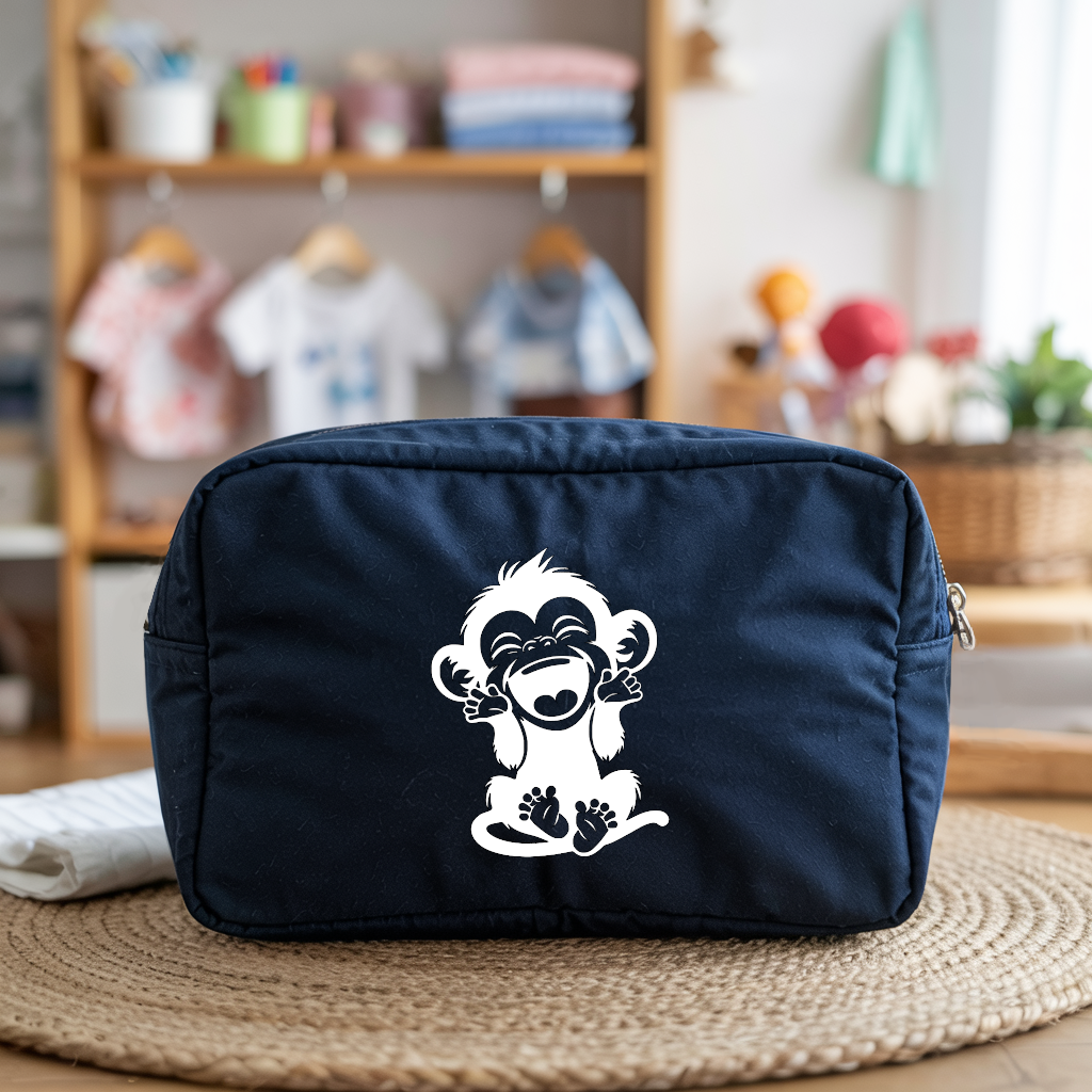 Trousse bébé personnalisable Singe rieur bleu marine, écoresponsable, cadeau naissance - MARJANE et Cie