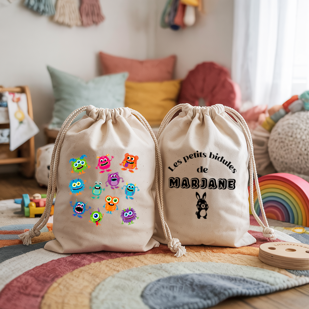 Sac pochon bébé personnalisé face petits monstres rigolos et face prénom en coton avec flocage, cadeau naissance - MARJANE et Cie