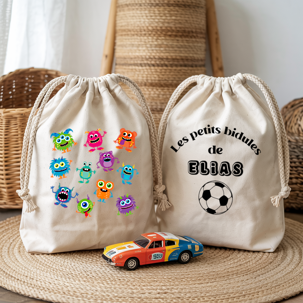 Sac pochon bébé personnalisé recto petits monstres rigolos et verso prénom en coton avec flocage couleur - MARJANE et Cie