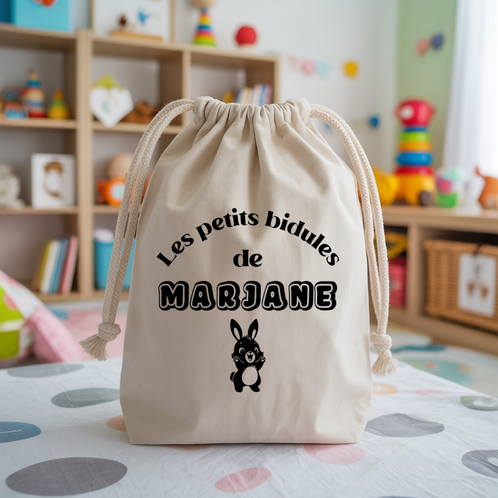 Sac pochon bébé personnalisé petits monstres rigolos face prénom et lapin, coton, flocage couleur - MARJANE et Cie