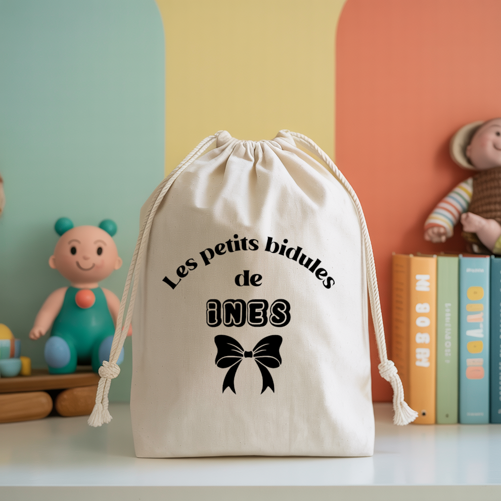 Sac pochon bébé personnalisé singe rieur face prénom et noeud, coton, flocage couleur - MARJANE et Cie