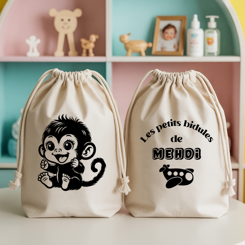 Sac pochon bébé personnalisable singe rieur et texte et avion en coton avec flocage couleur, écoresponsable - MARJANE et Cie