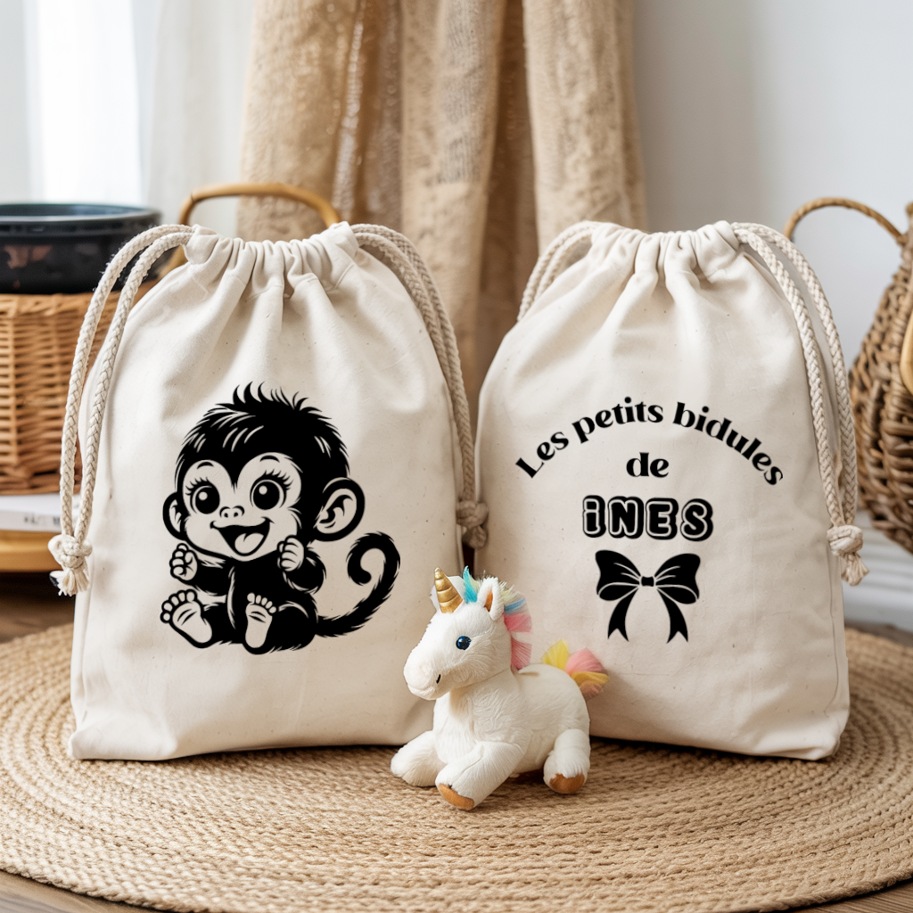 Sac pochon bébé personnalisé recto singe rieur et verso prénom en coton avec flocage couleur - MARJANE et Cie