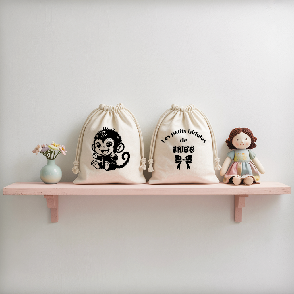Sac pochon bébé personnalisé face singe rieur et face prénom en coton avec flocage, cadeau naissance - MARJANE et Cie