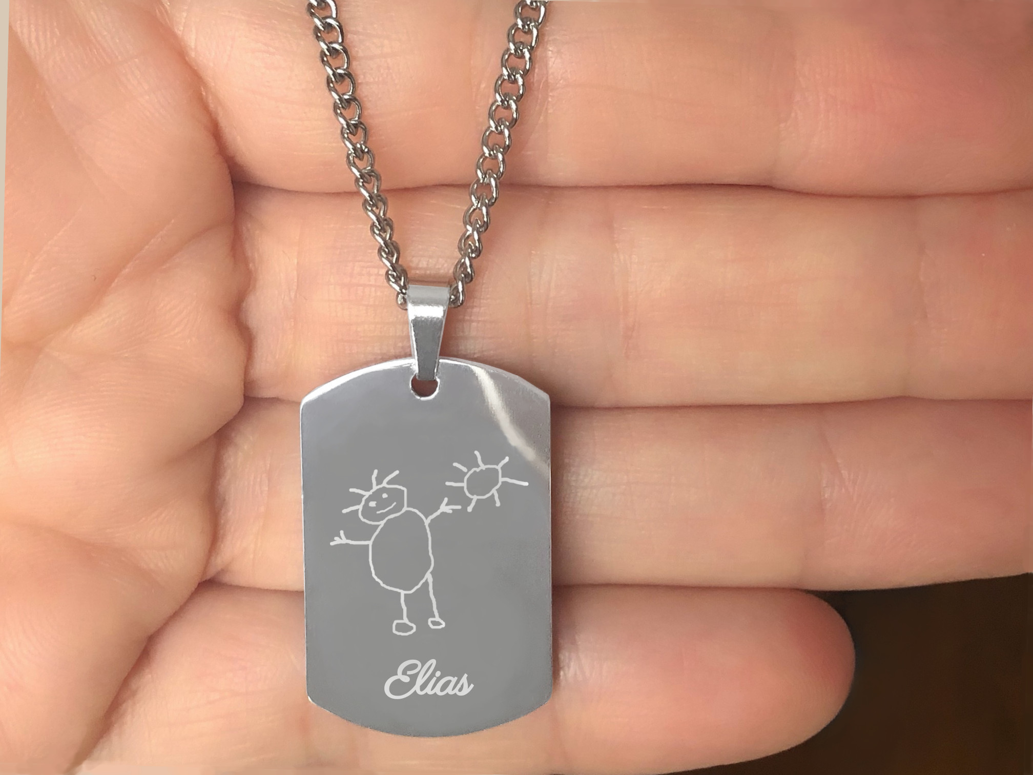 Collier DARIS4 homme acier inoxydable argent pendentif gravure personnalisable dessin denfant - MARJANE et Cie
